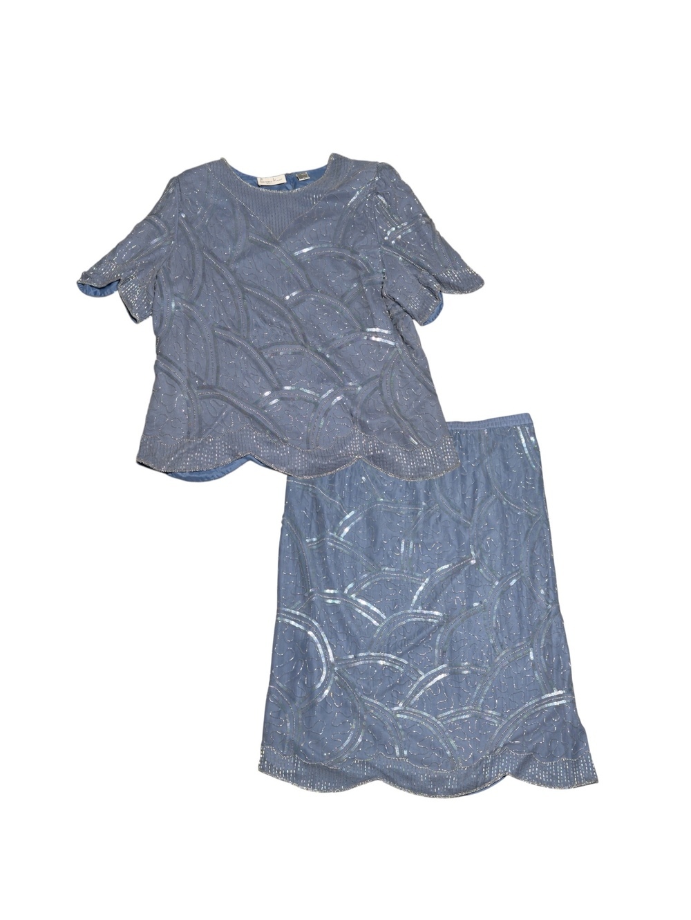 Vintage Laurence Kazar Blue Silk Sequin Two-Piece Skirt Set Size 2X